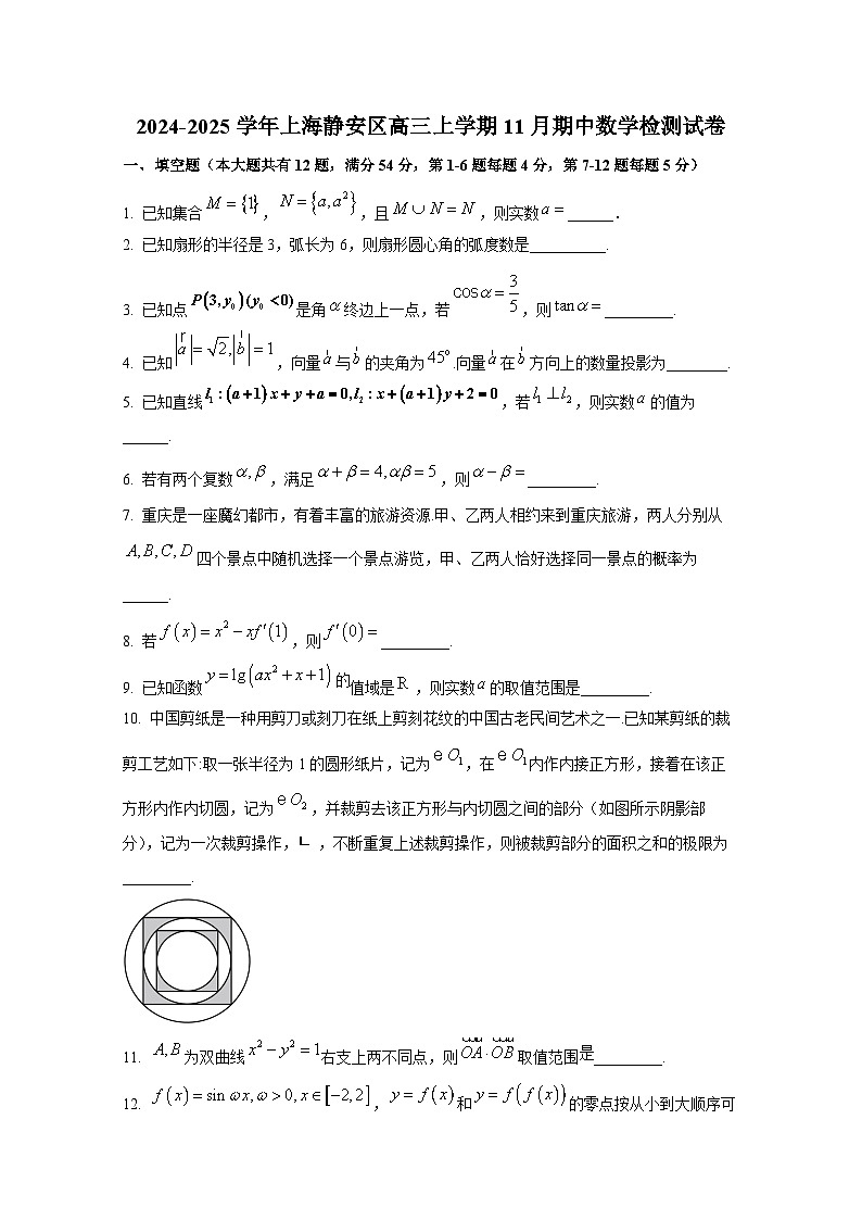 2024-2025学年上海静安区高三上册11月期中数学检测试卷第1页