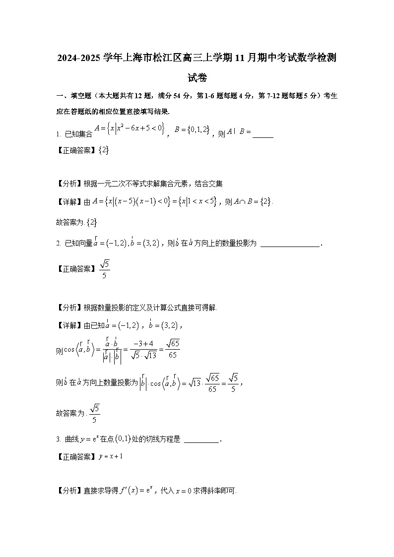 2024-2025学年上海市松江区高三上册11月期中考试数学检测试卷（附解析）第1页