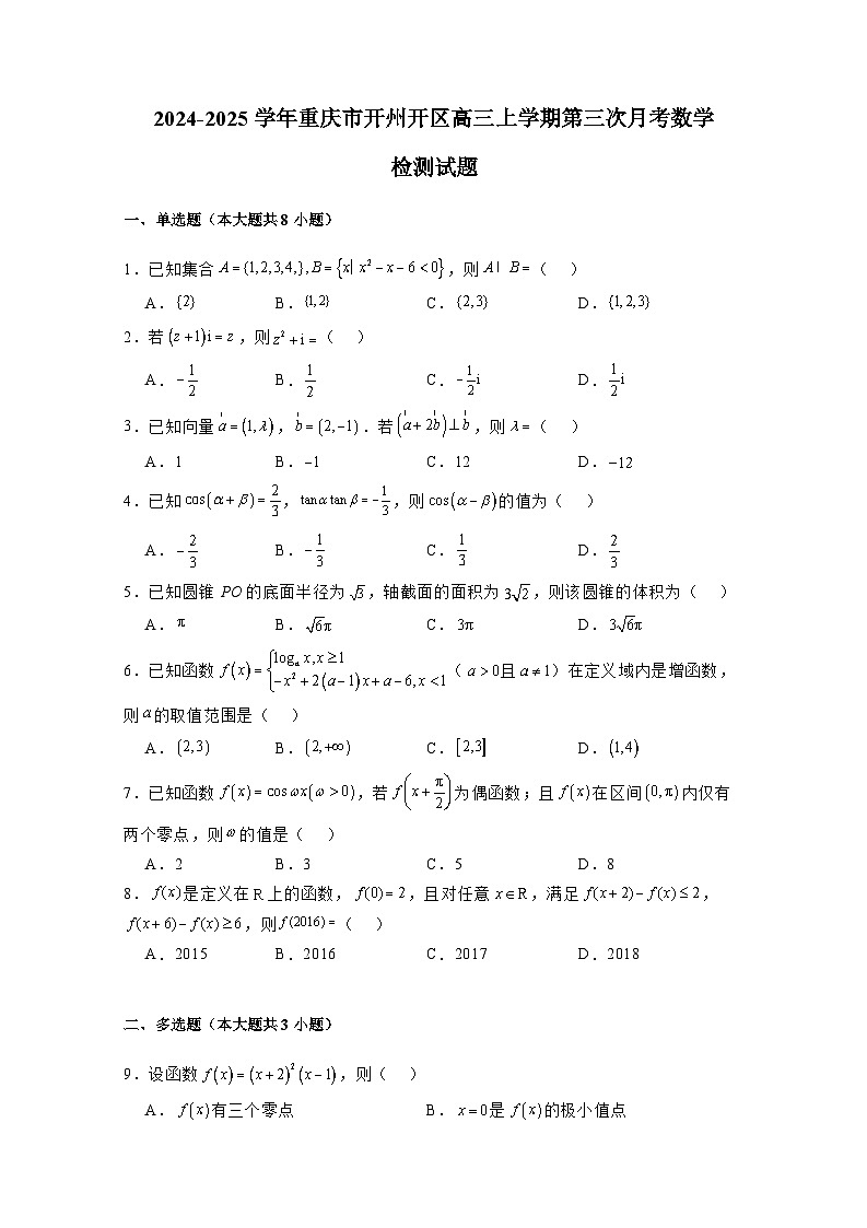 2024-2025学年重庆市开州开区高三上册第三次月考数学检测试题（含解析）第1页