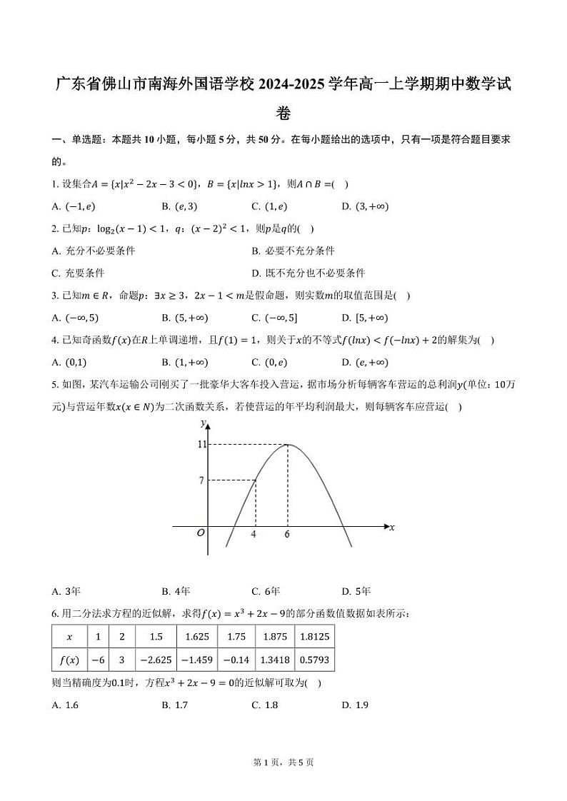 广东省佛山市南海外国语学校2024-2025学年高一上学期期中数学试卷（含答案）第1页