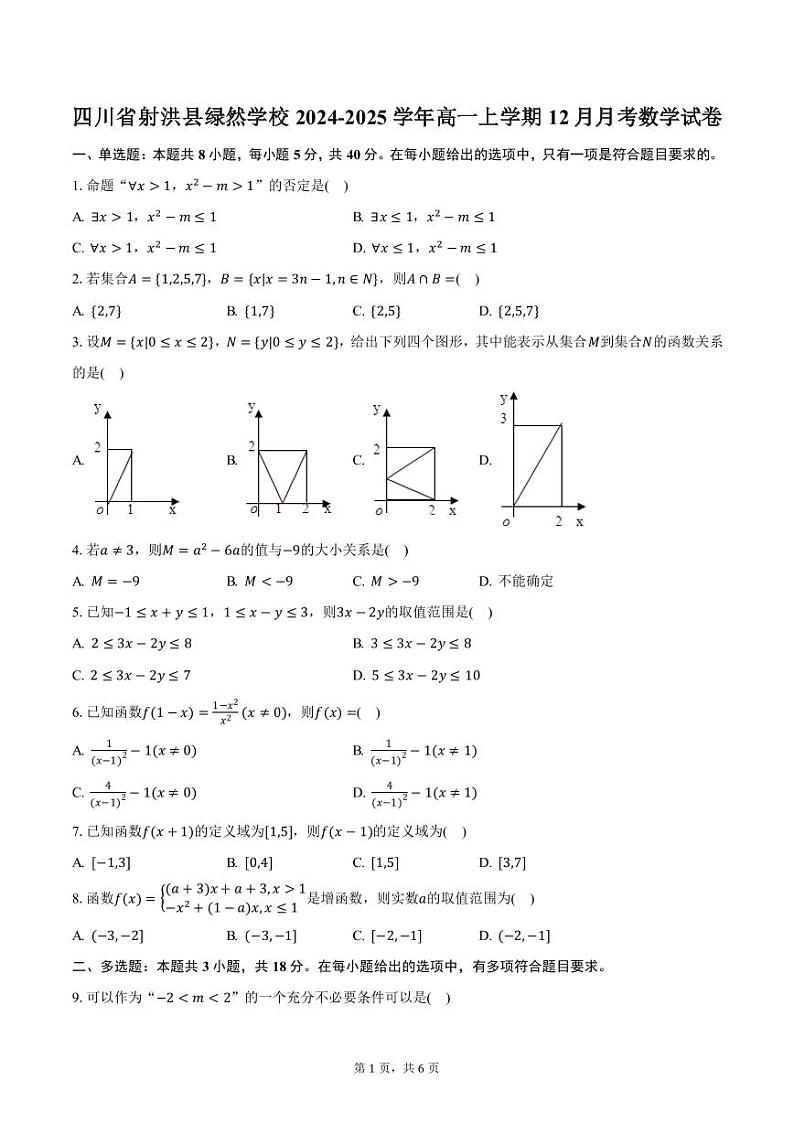 四川省射洪县绿然学校2024-2025学年高一上学期12月月考数学试卷（含答案）第1页