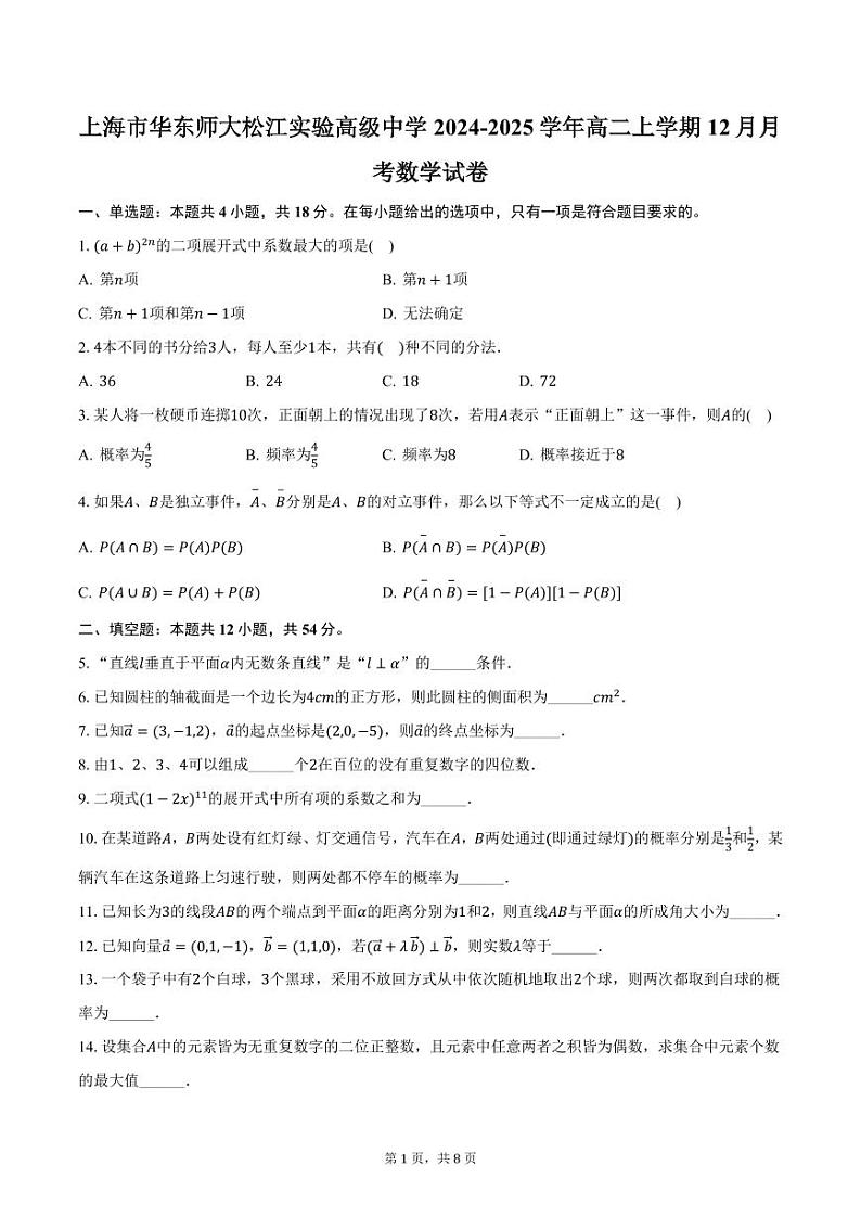 上海市华东师大松江实验高级中学2024-2025学年高二上学期12月月考数学试卷（含答案）第1页