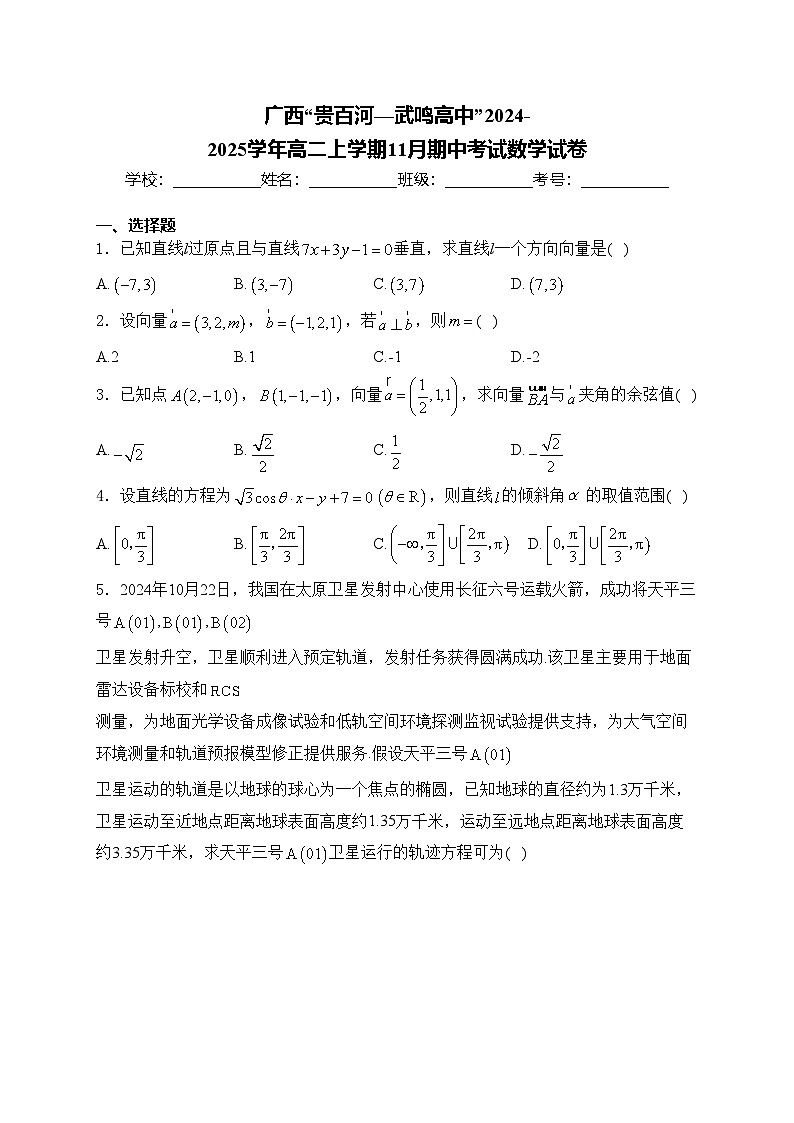 广西“贵百河—武鸣高中”2024-2025学年高二上学期11月期中考试数学试卷(含答案)第1页