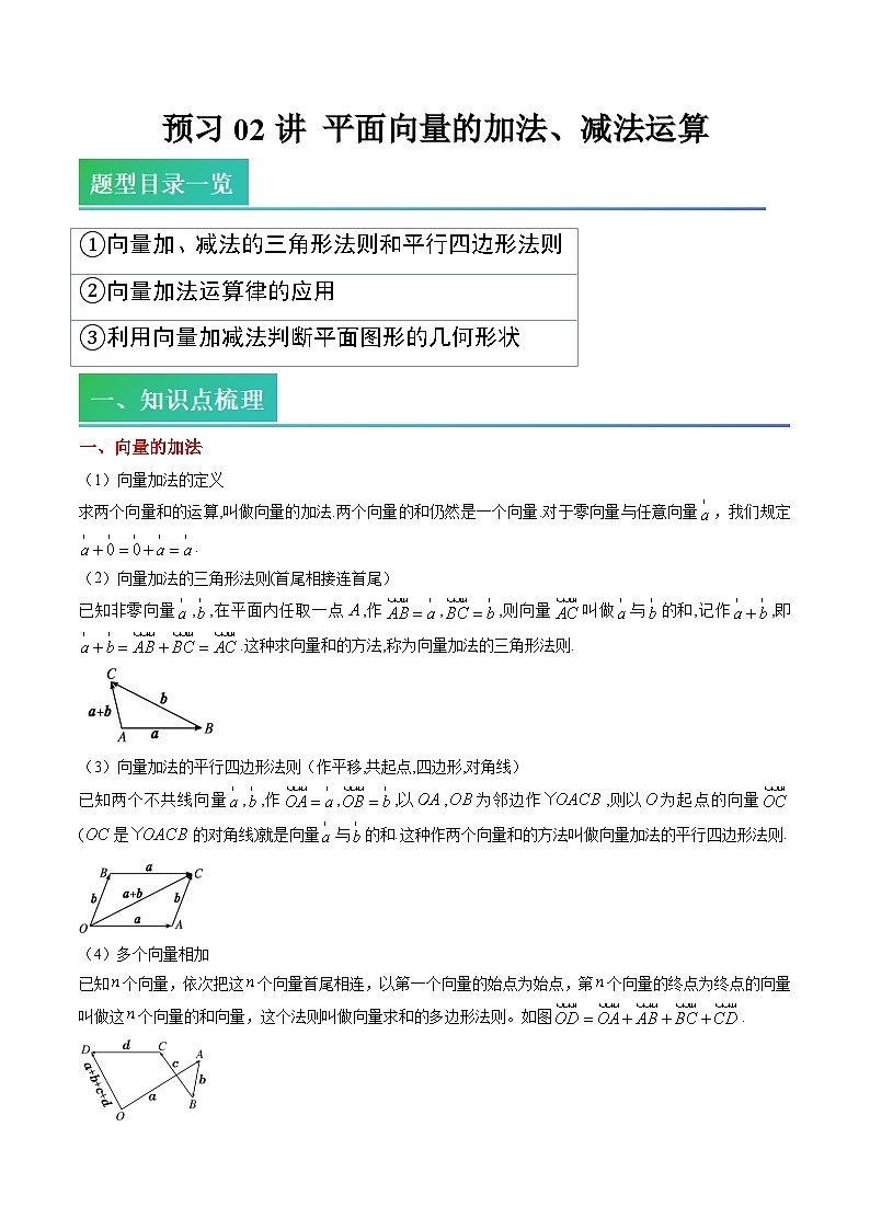 （预习）2025年高一数学寒假讲义+随堂检测 第02讲 平面向量的加法、减法运算（原卷版）第1页