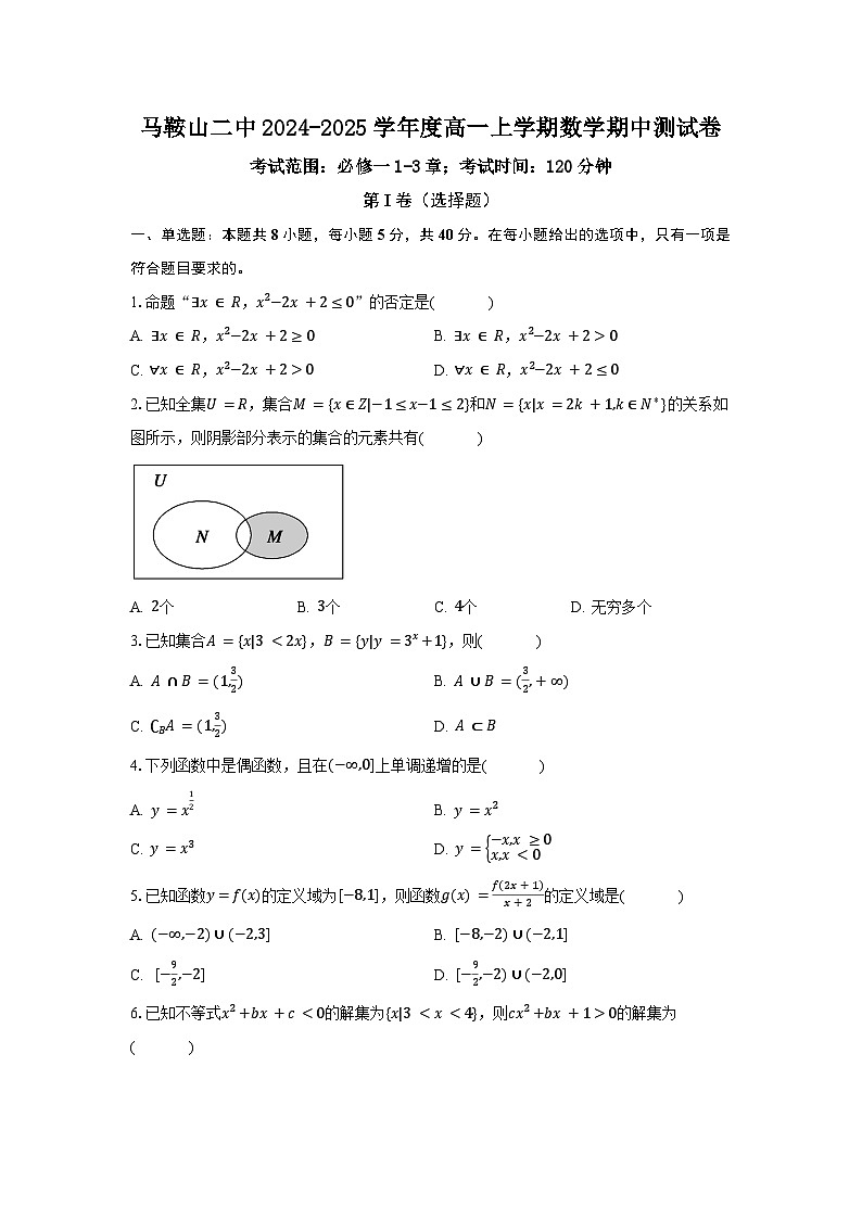 马鞍山二中2024-2025学年度高一上学期数学期中测试卷（试卷+完整答案）第1页