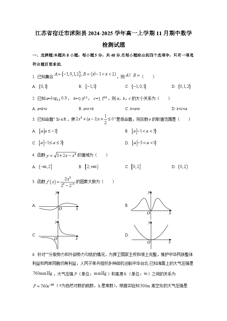 江苏省宿迁市沭阳县2024-2025学年高一上册11月期中数学检测试题第1页