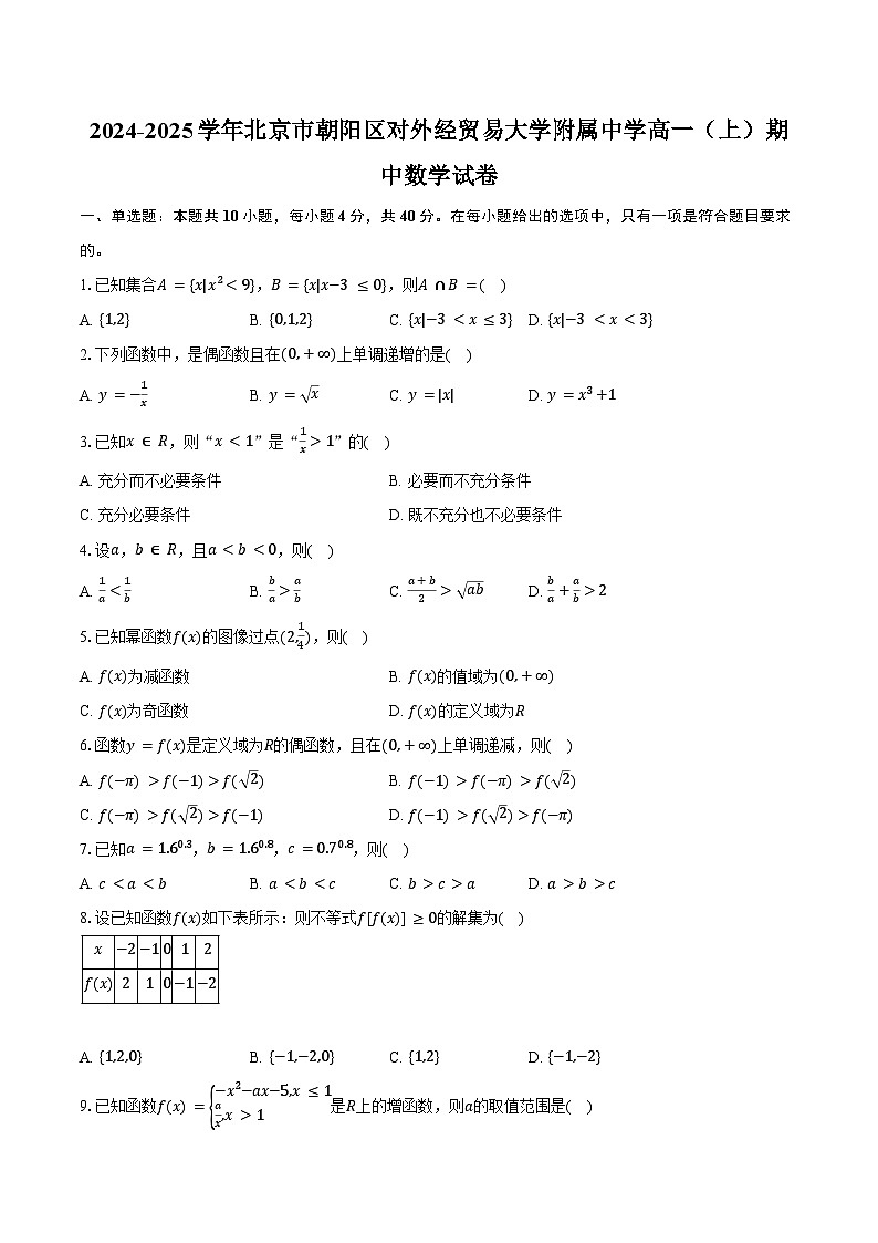 2024-2025学年北京市朝阳区对外经贸易大学附属中学高一（上）期中数学试卷（含答案）第1页