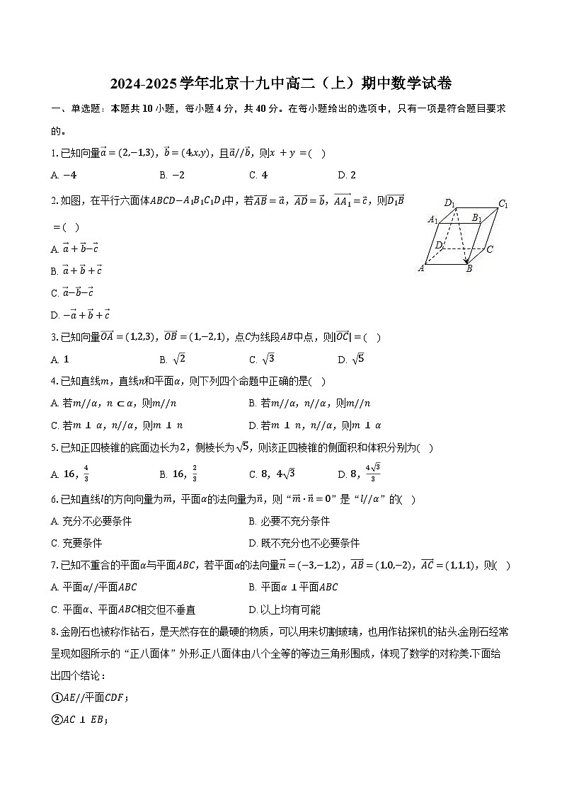 2024-2025学年北京十九中高二（上）期中数学试卷（含答案）第1页
