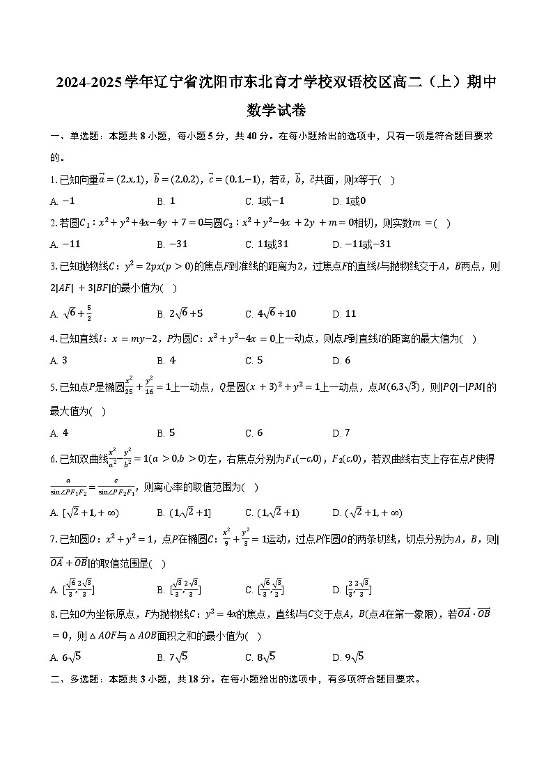 2024-2025学年辽宁省沈阳市东北育才学校双语校区高二（上）期中数学试卷（含答案）第1页