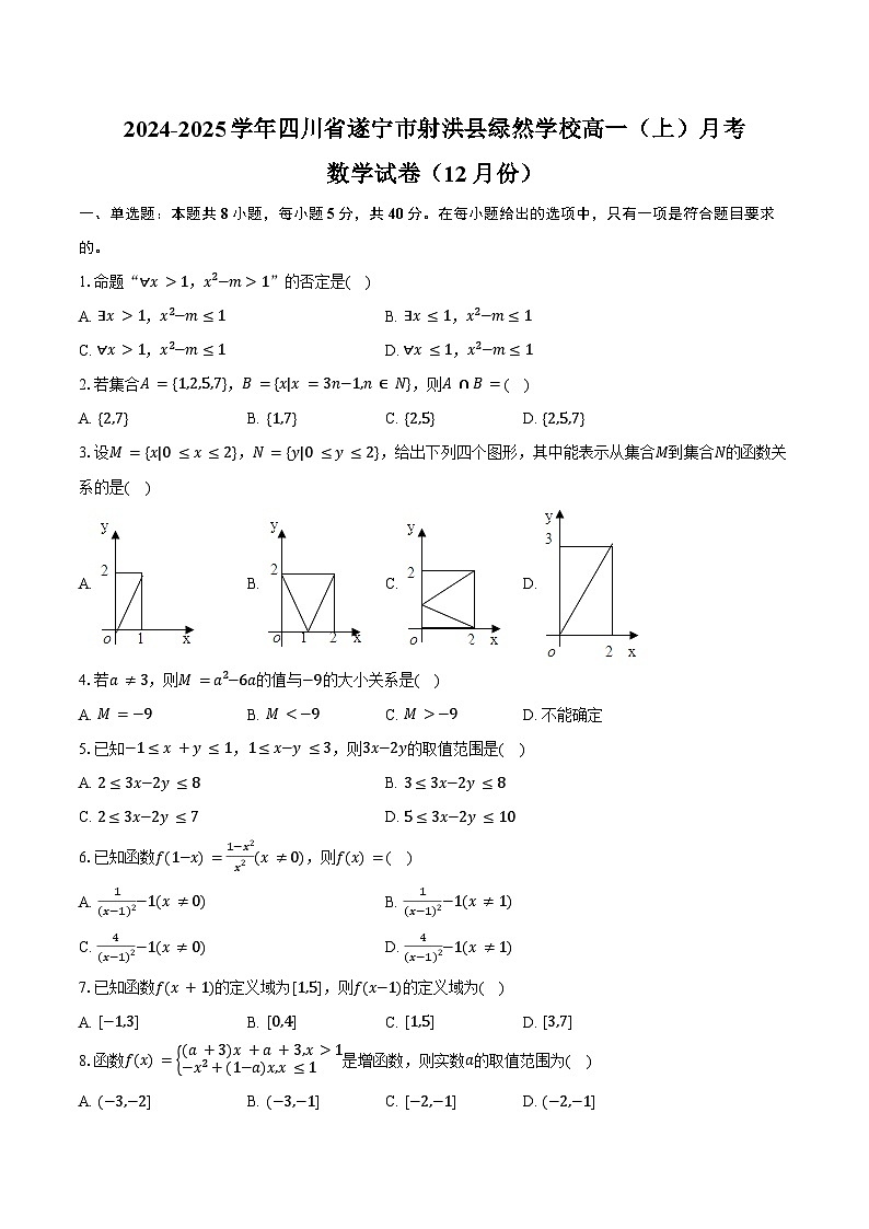 2024-2025学年四川省遂宁市射洪县绿然学校高一（上）月考数学试卷（12月份）（含答案）第1页