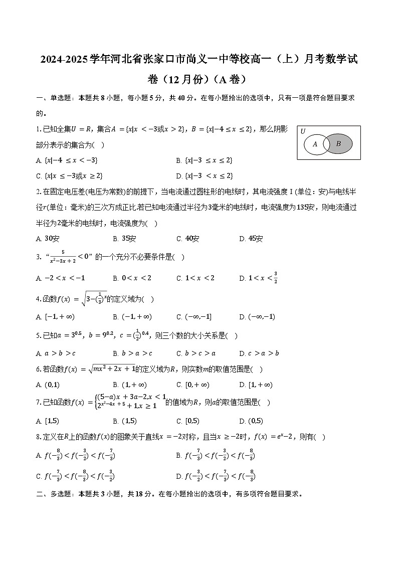 2024-2025学年河北省张家口市尚义一中等校高一（上）月考数学试卷（12月份）（A卷）（含答案）第1页
