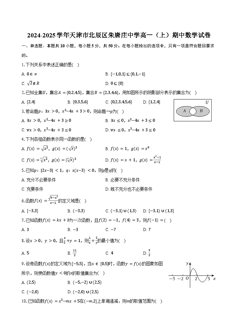 2024-2025学年天津市北辰区朱唐庄中学高一（上）期中数学试卷（含答案）第1页