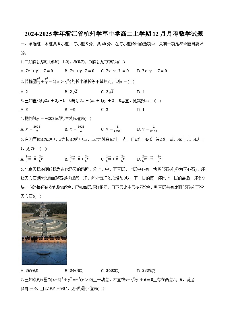 2024-2025学年浙江省杭州学军中学高二上学期12月月考数学试题（含答案）第1页