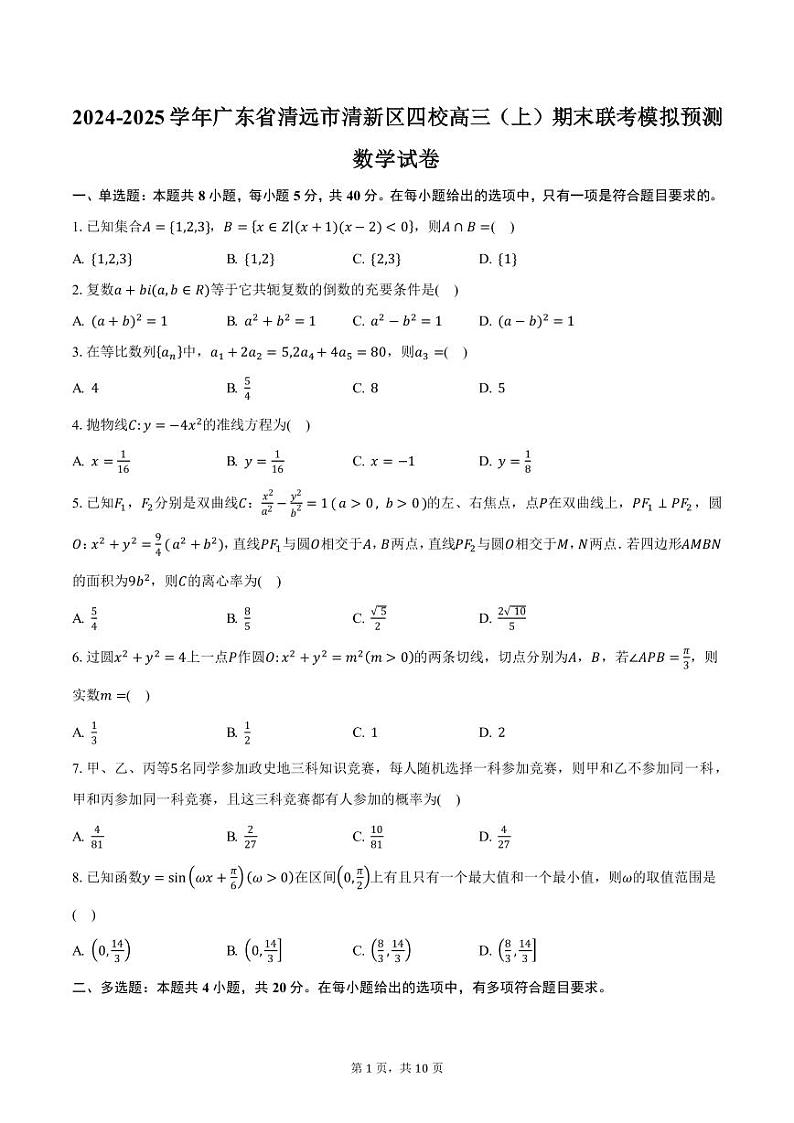 2024-2025学年广东省清远市清新区四校高三（上）期末联考模拟预测数学试卷（含答案）第1页