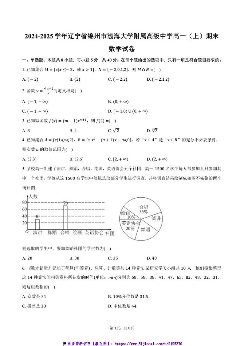 2024～2025学年辽宁省锦州市渤海大学附属高级中学高一(上)期末数学试卷(含答案)第1页