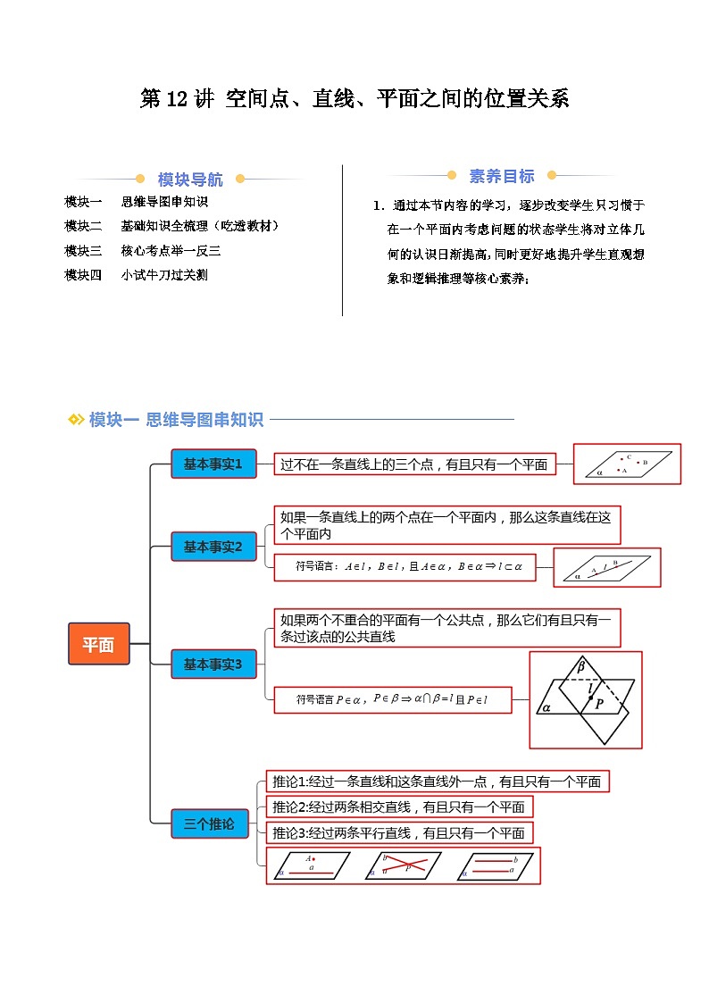 第12讲 空间点、直线、平面之间的位置关系（原卷版）第1页