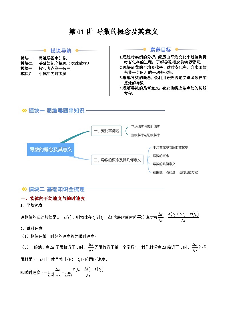 预习第01讲 导数的概念及其意义（思维导图+5知识点+五大考点+过关检测）（解析版）第1页