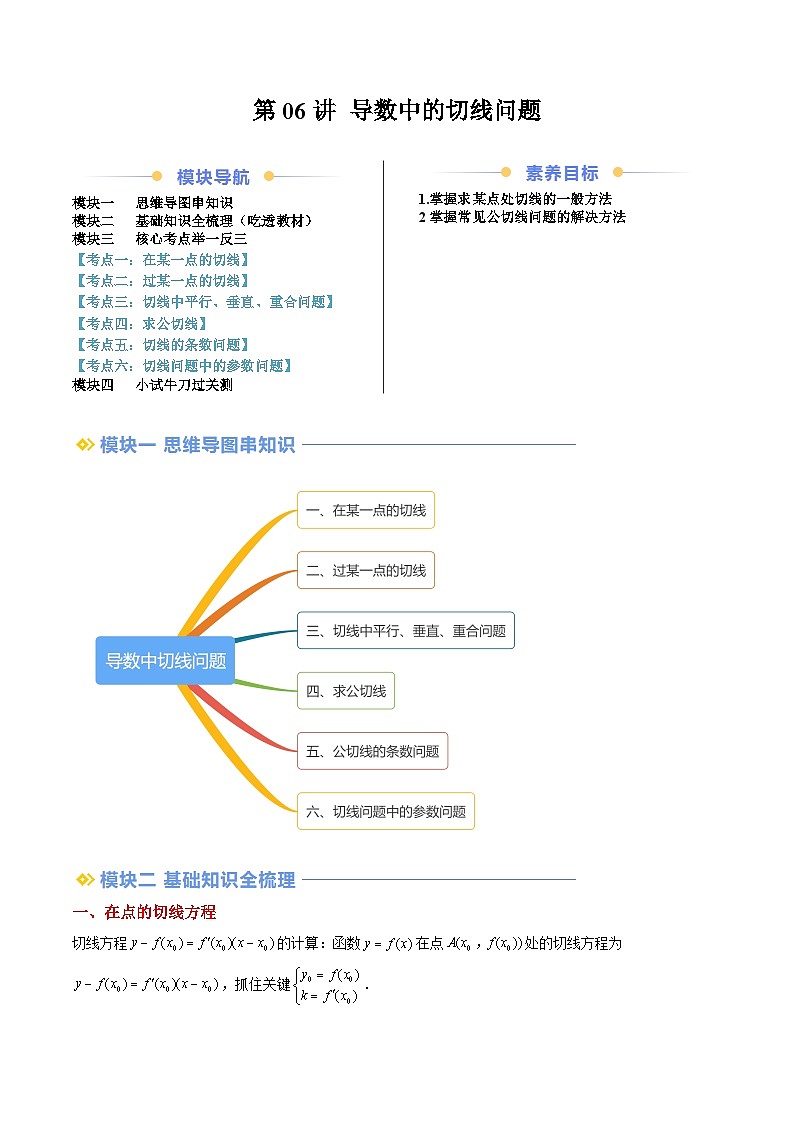 第06讲 导数中切线问题（思维导图+3知识点+六大考点+过关检测）（解析版）第1页