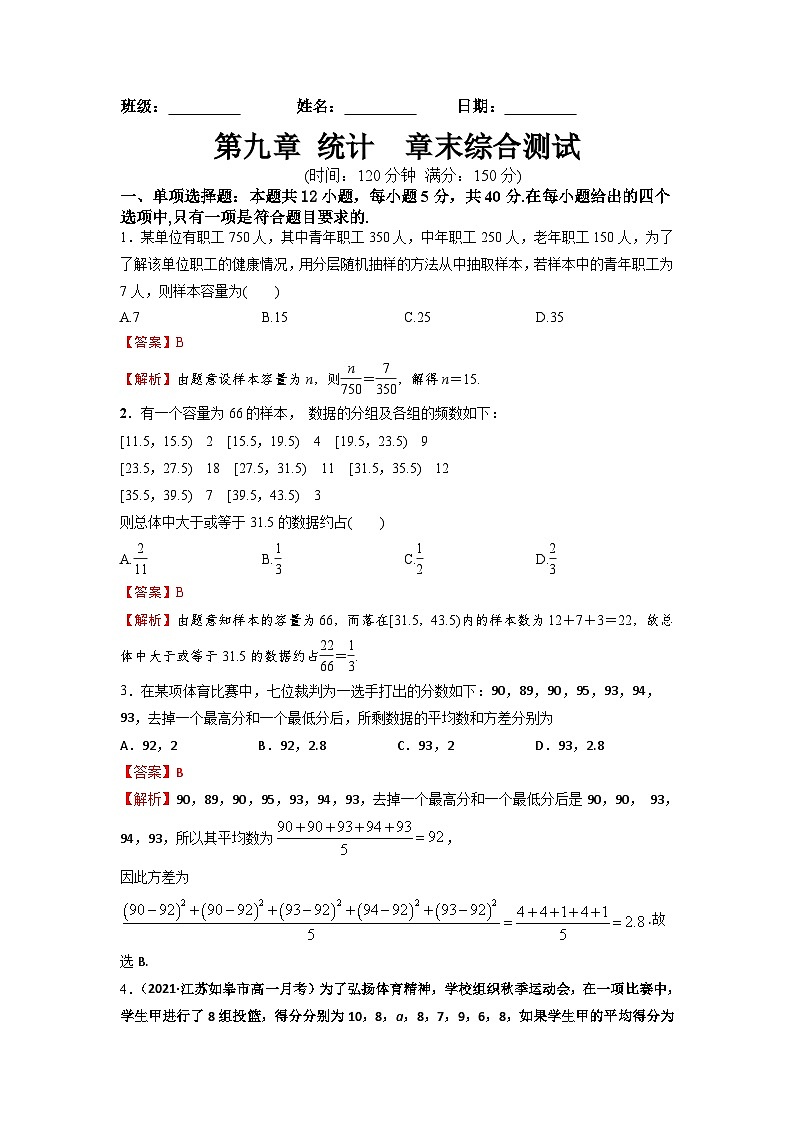 人教A版高中数学(必修第二册)同步分层练习第9章  统计  章末检测 （解析版）第1页