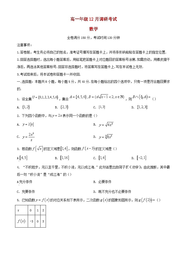 河南省2023_2024学年高一数学上学期12月调研考试含解析第1页
