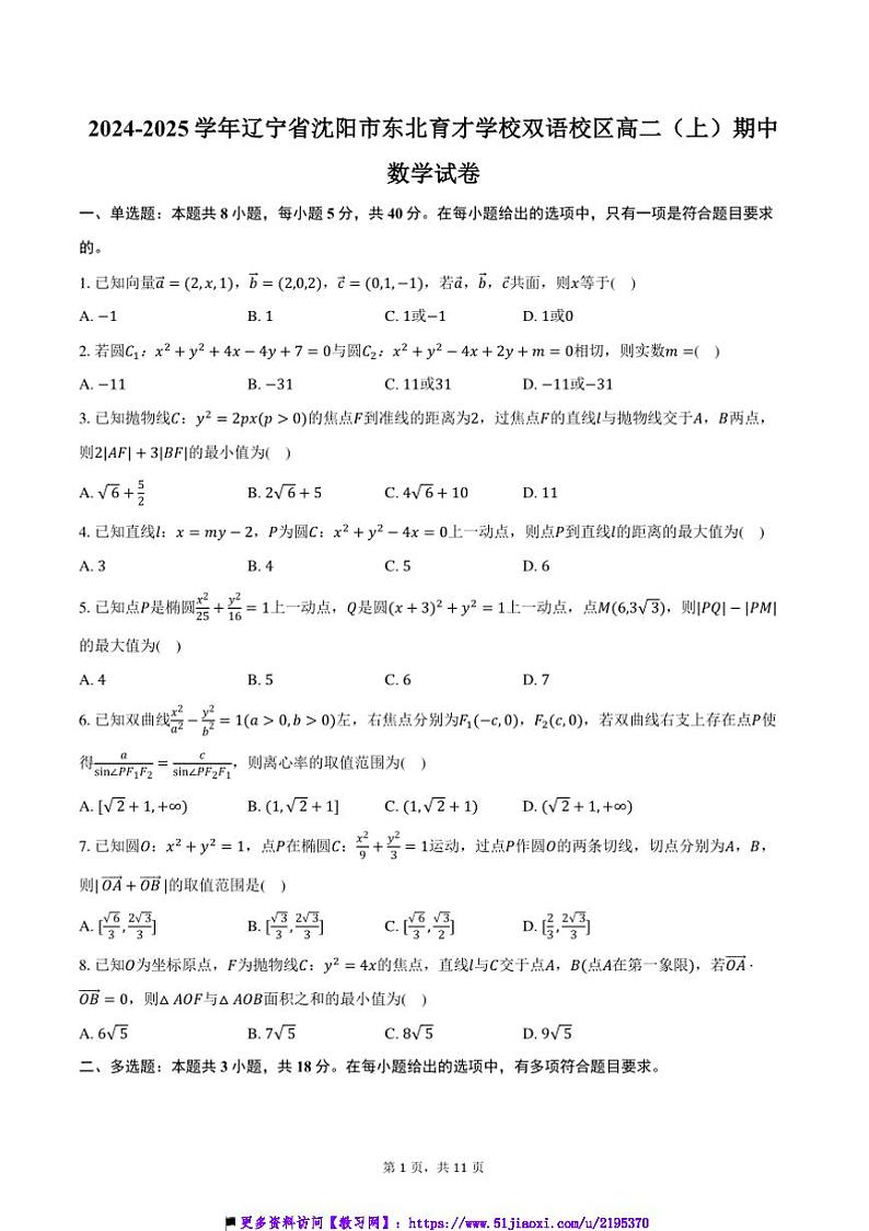 2024～2025学年辽宁省沈阳市东北育才学校双语校区高二(上)期中数学试卷(含答案)第1页