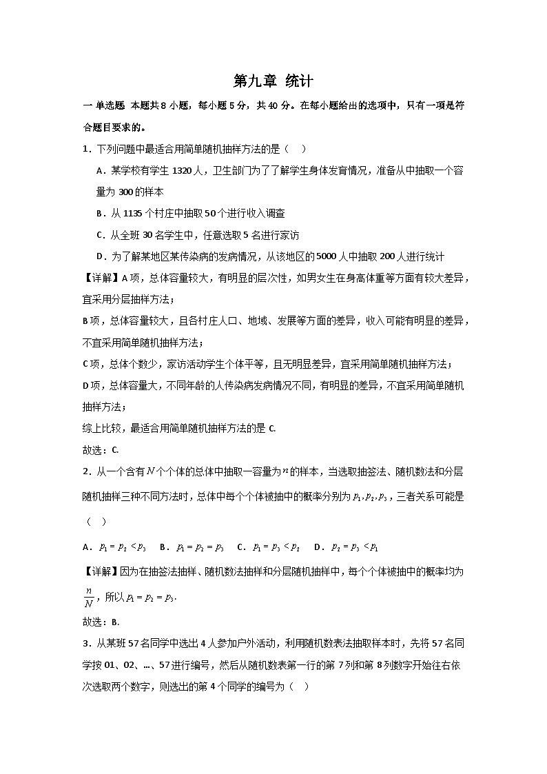 人教A版（2019）高中数学必修第二册 第九章统计专题训练（教师版）第1页