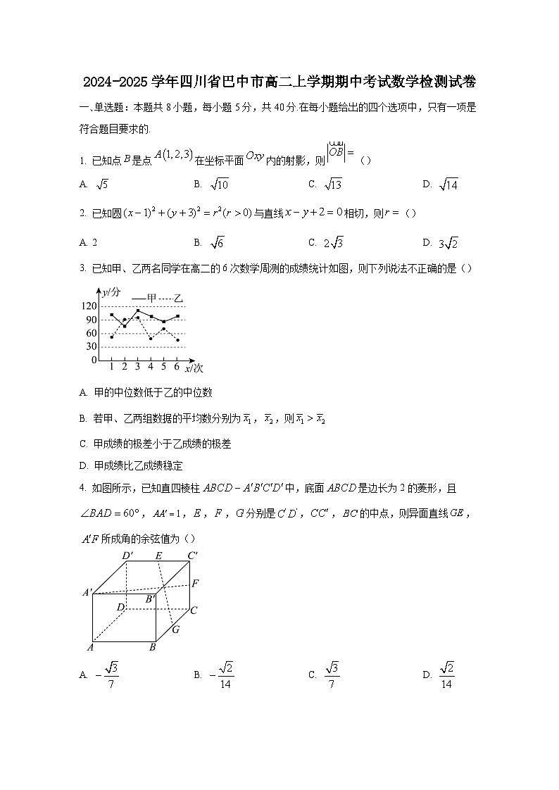 2024-2025学年四川省巴中市高二上册期中考试数学检测试卷（含解析）第1页