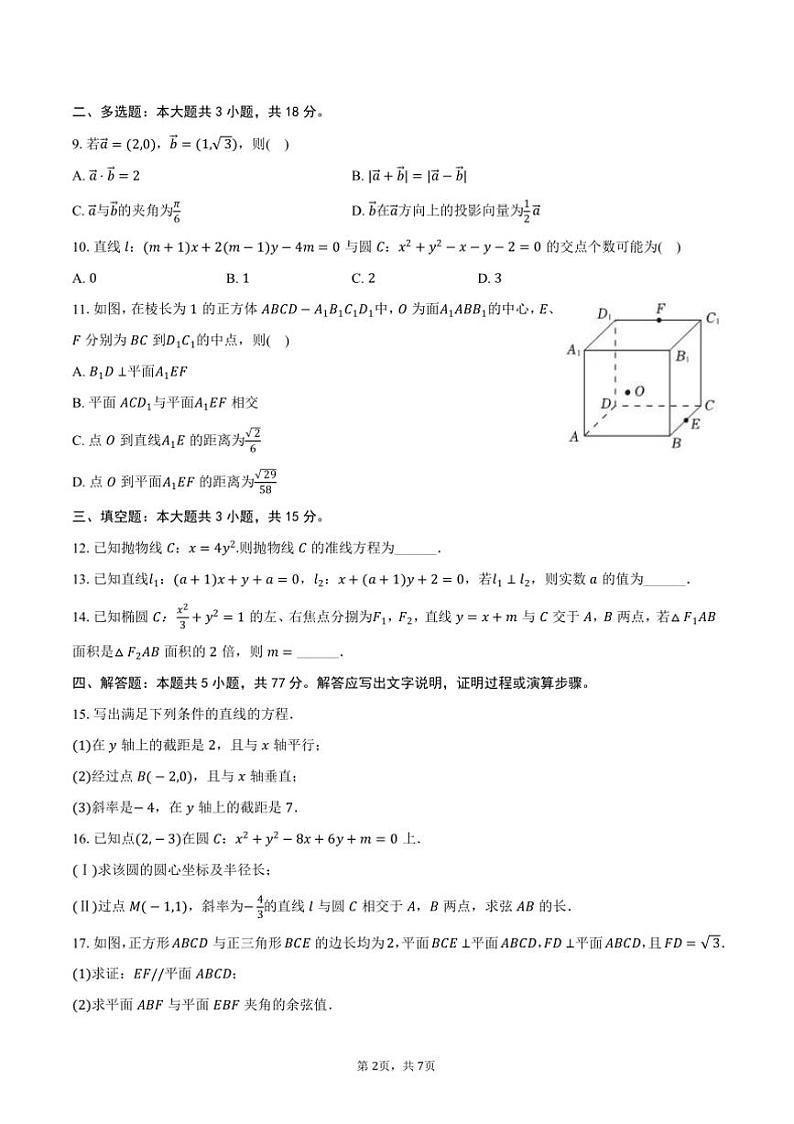 2024～2025学年云南省文山州富宁县海市新纪元实验学校高二上(上)期末数学试卷(含答案)第2页