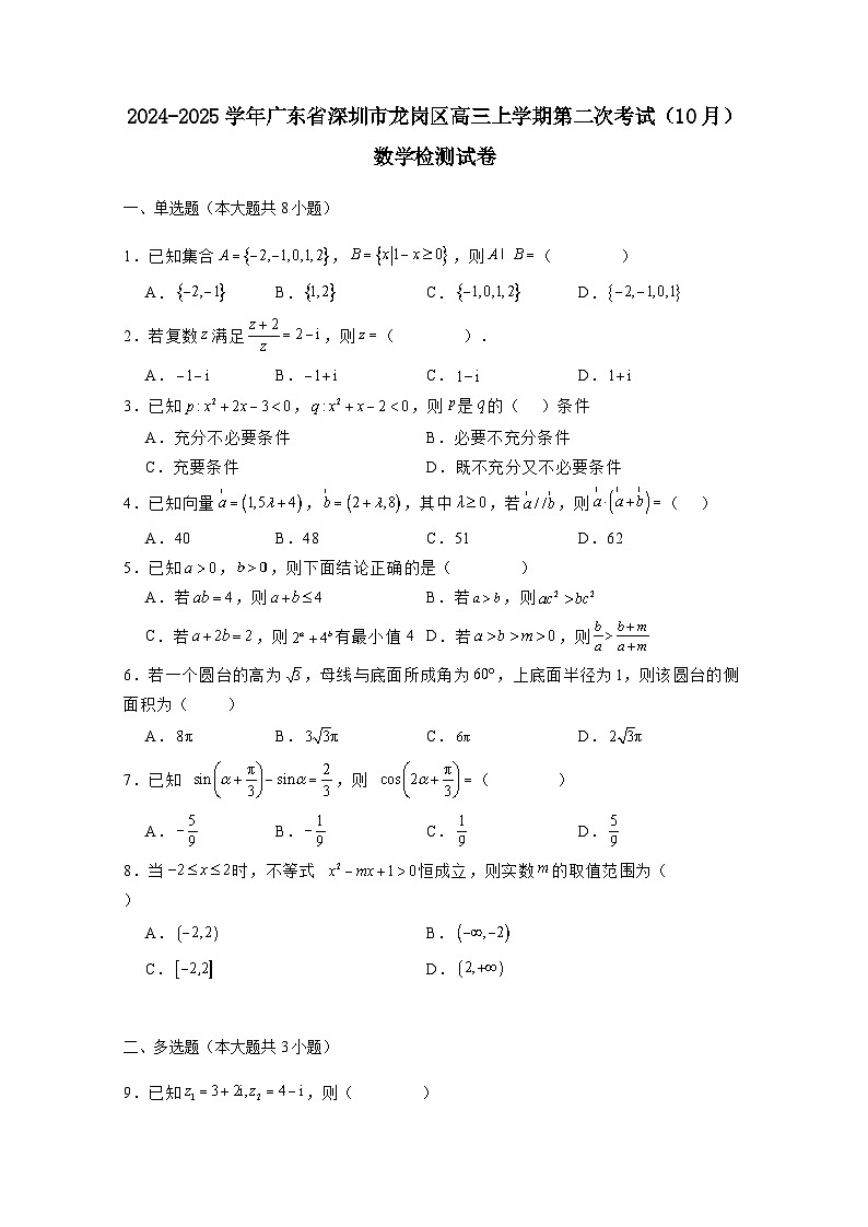 2024-2025学年广东省深圳市龙岗区高三上学期第二次考试（10月）数学检测试卷（附解析）第1页