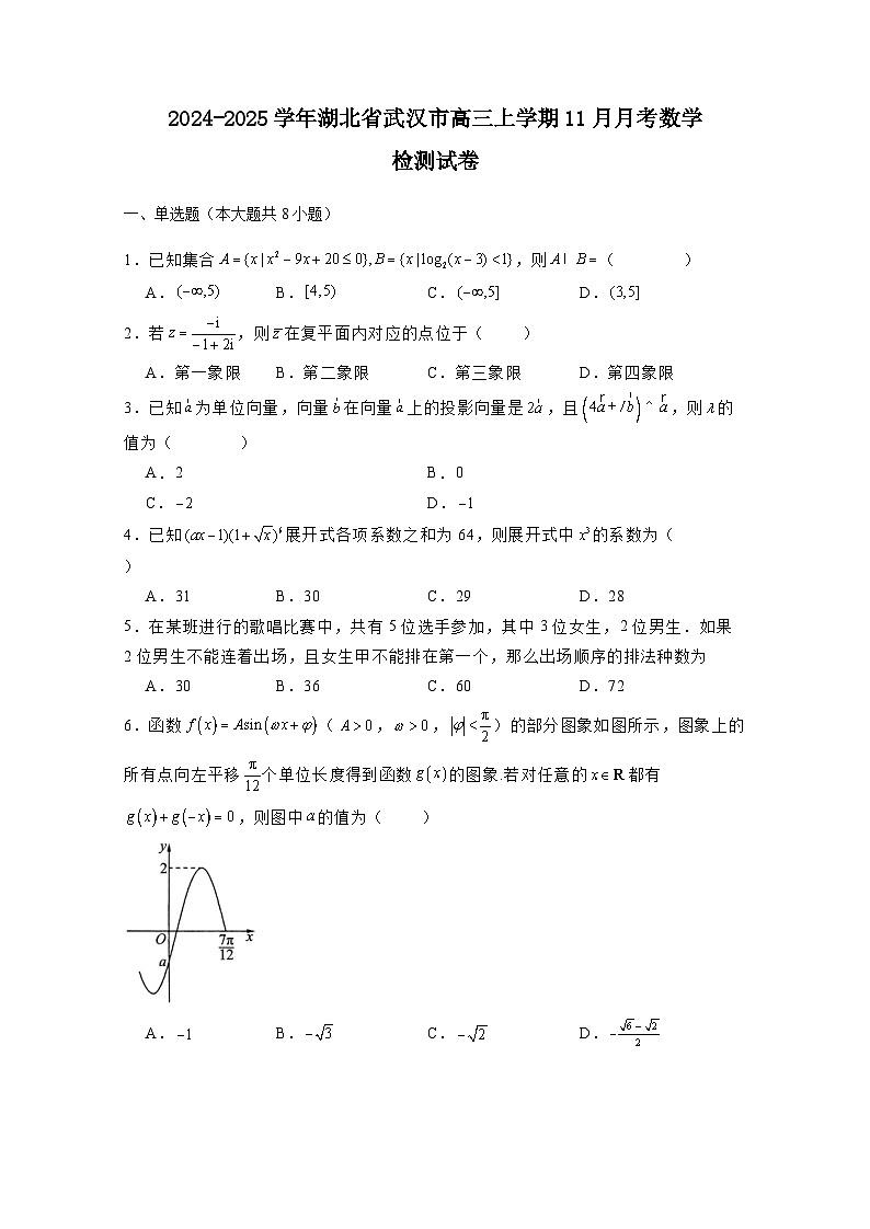 2024-2025学年湖北省武汉市高三上学期11月月考数学检测试卷（附解析）第1页
