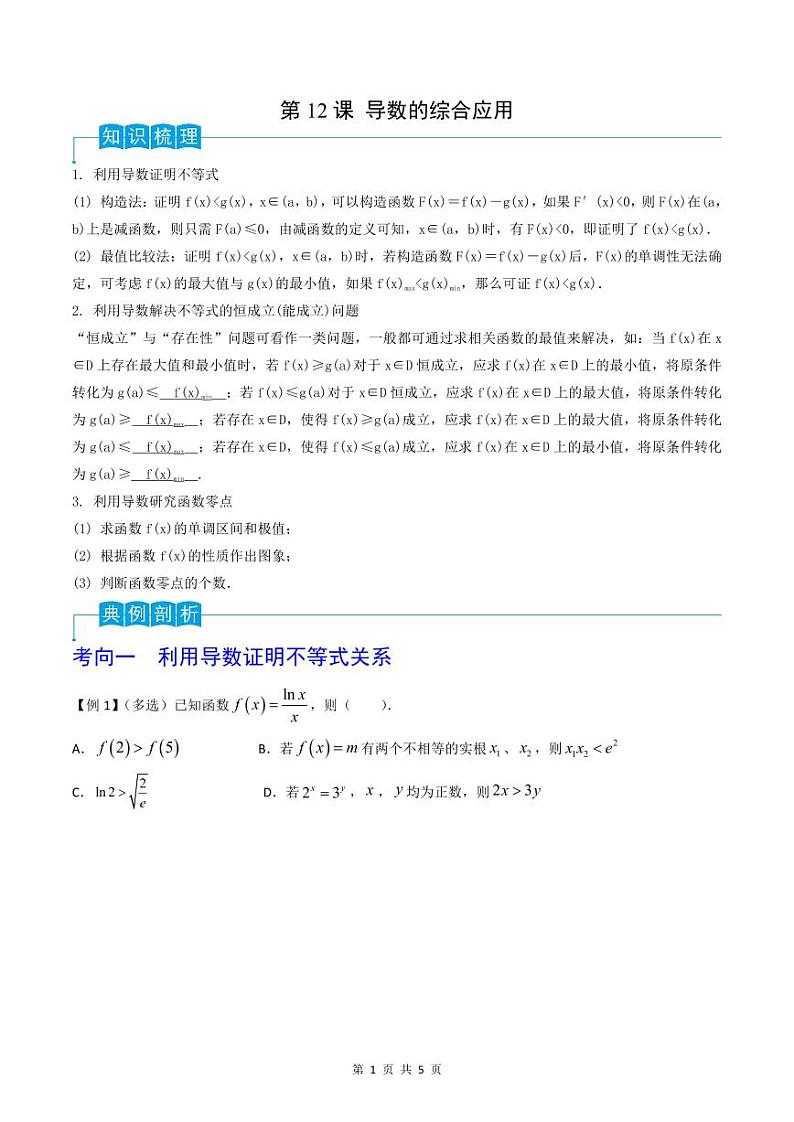（寒假）2024-2025年高二数学 寒假巩固讲义+随堂检测 第12课 导数的综合应用（原卷版）第1页