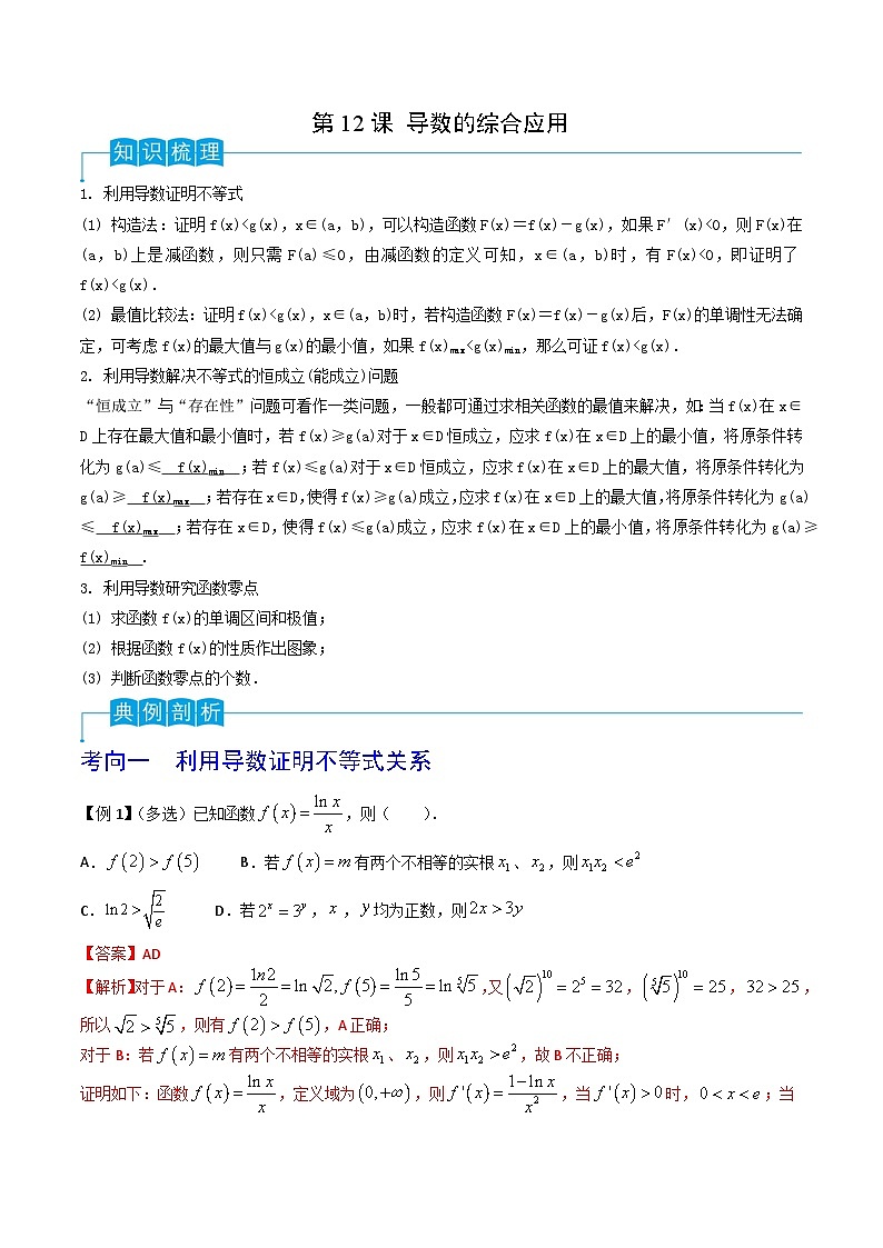 （寒假）2024-2025年高二数学 寒假巩固讲义+随堂检测 第12课 导数的综合应用（教师版）第1页