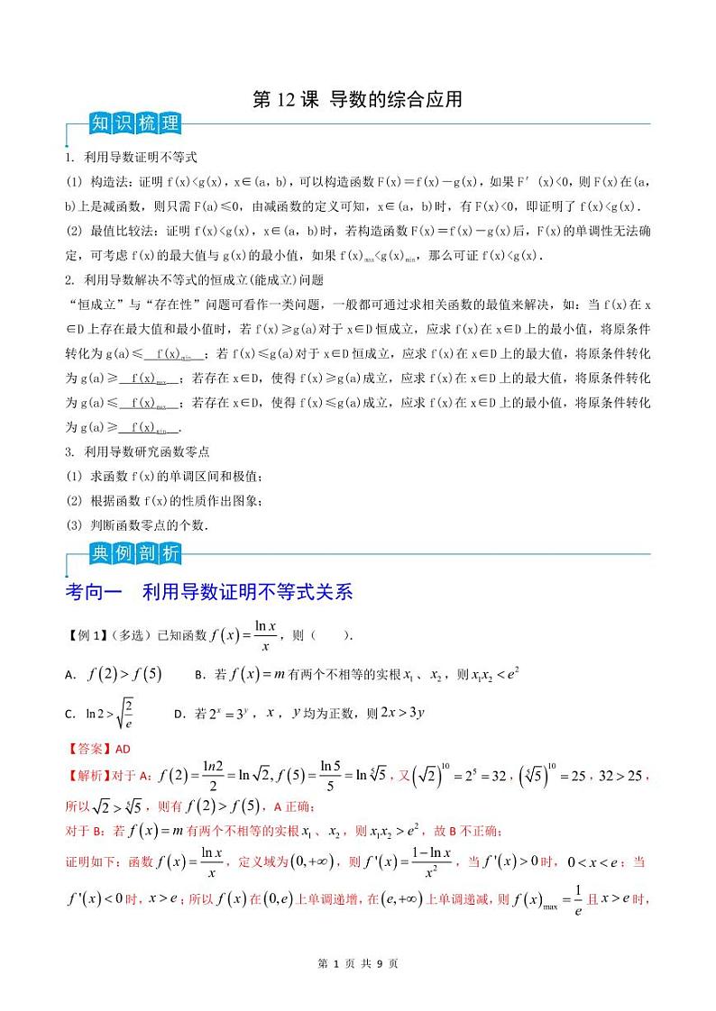 （寒假）2024-2025年高二数学 寒假巩固讲义+随堂检测 第12课 导数的综合应用（教师版）第1页