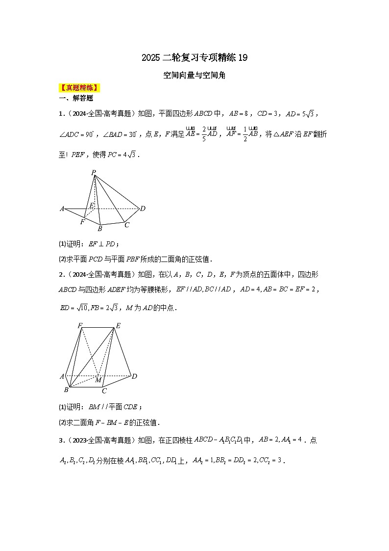 2025二轮复习专项精练19  空间向量与空间角（真题精练+模拟精练）解析版第1页