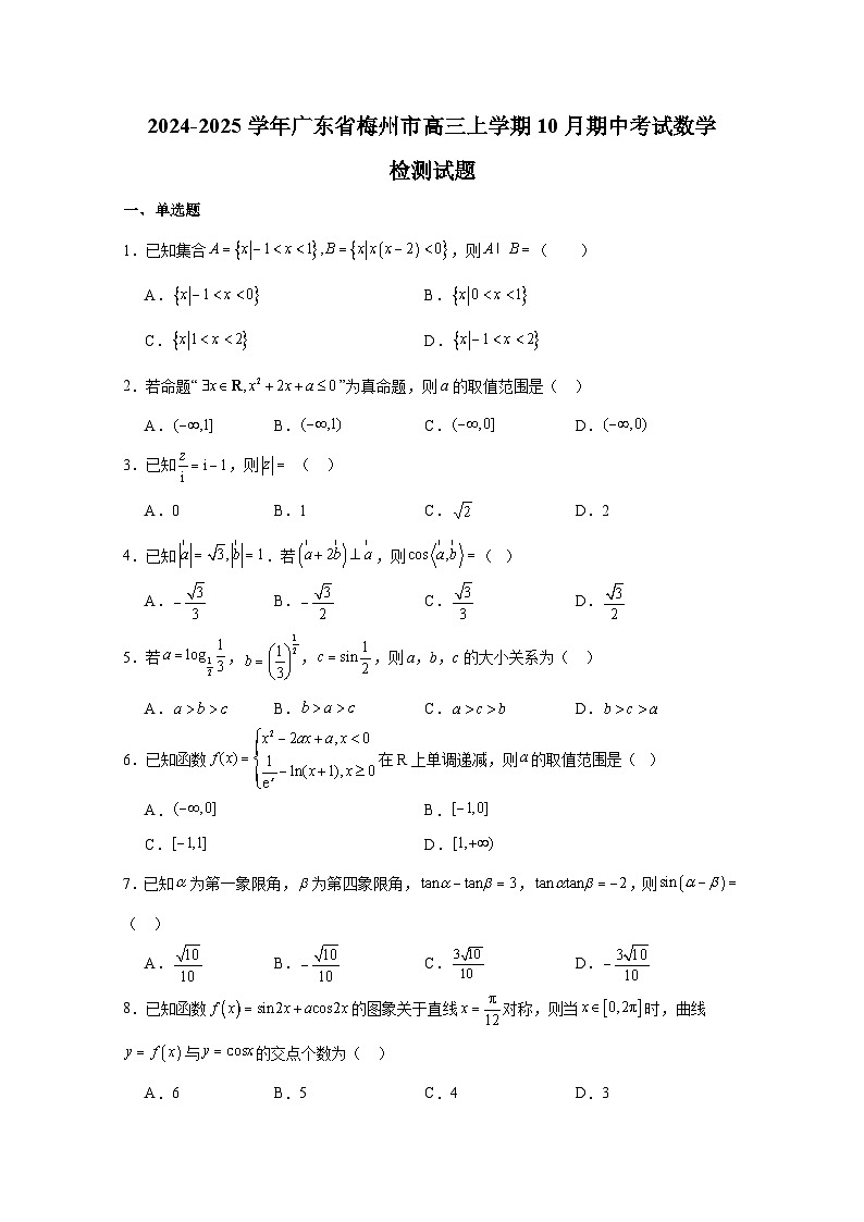 2024-2025学年广东省梅州市高三上册10月期中考试数学检测试题（含解析）第1页