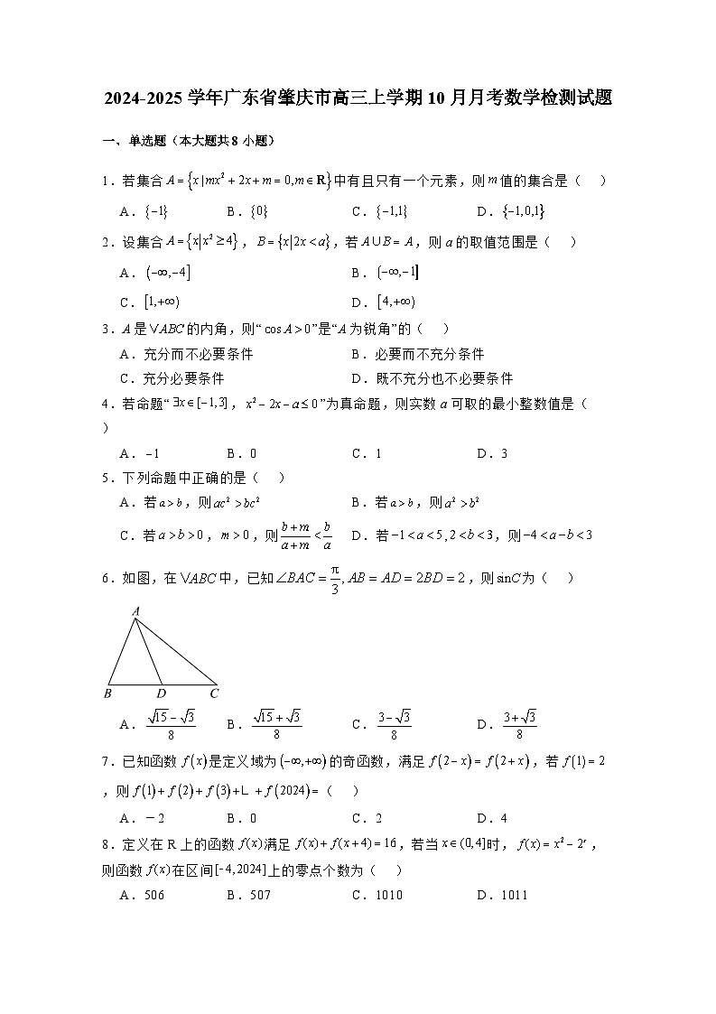 2024-2025学年广东省肇庆市高三上册10月月考数学检测试题（含解析）第1页