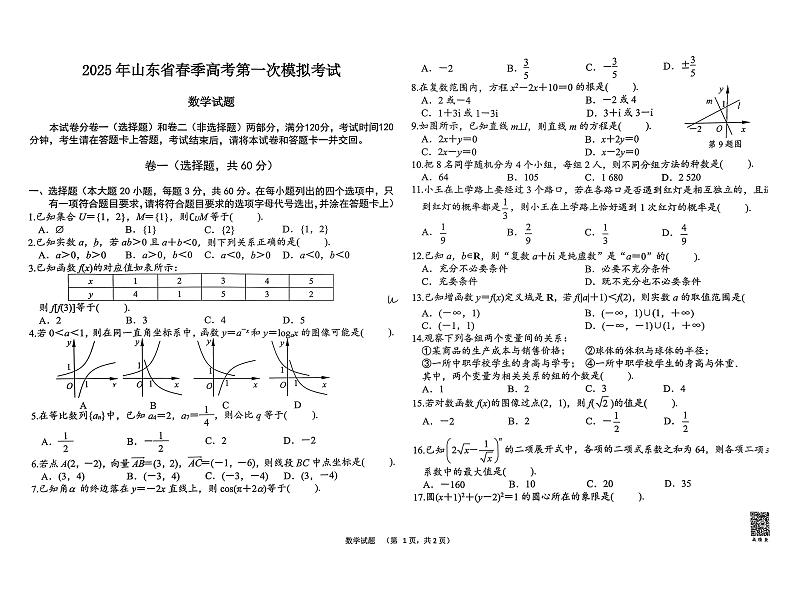 山东省2025届春季高考第一次模拟考试数学试题第1页
