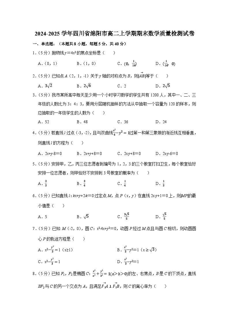 2024-2025学年四川省绵阳市高二上册期末数学质量检测试卷（含解析）第1页