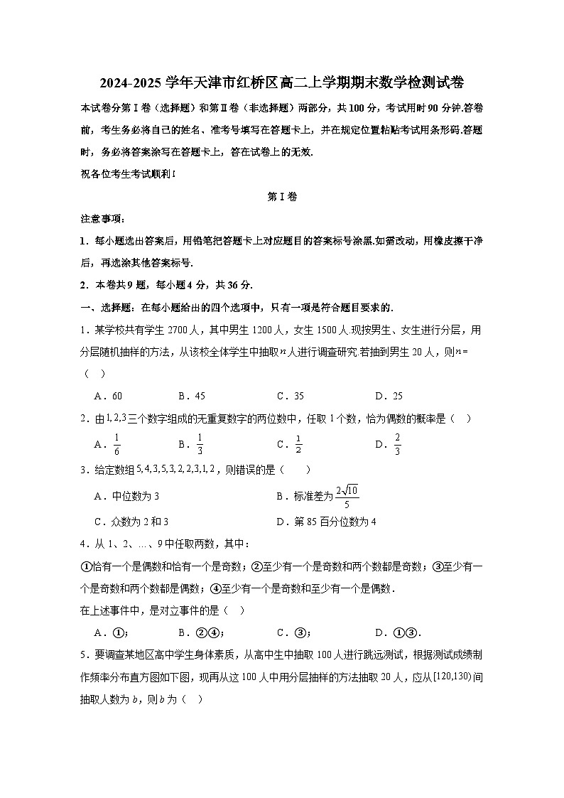 2024-2025学年天津市红桥区高二上册期末数学检测试卷（含解析）第1页