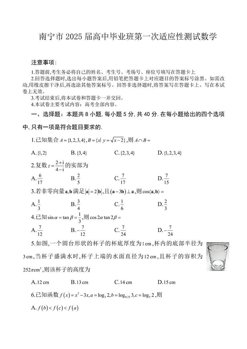 广西南宁市金太阳2025届高中毕业班高考第一次模拟考-数学试题+答案第1页