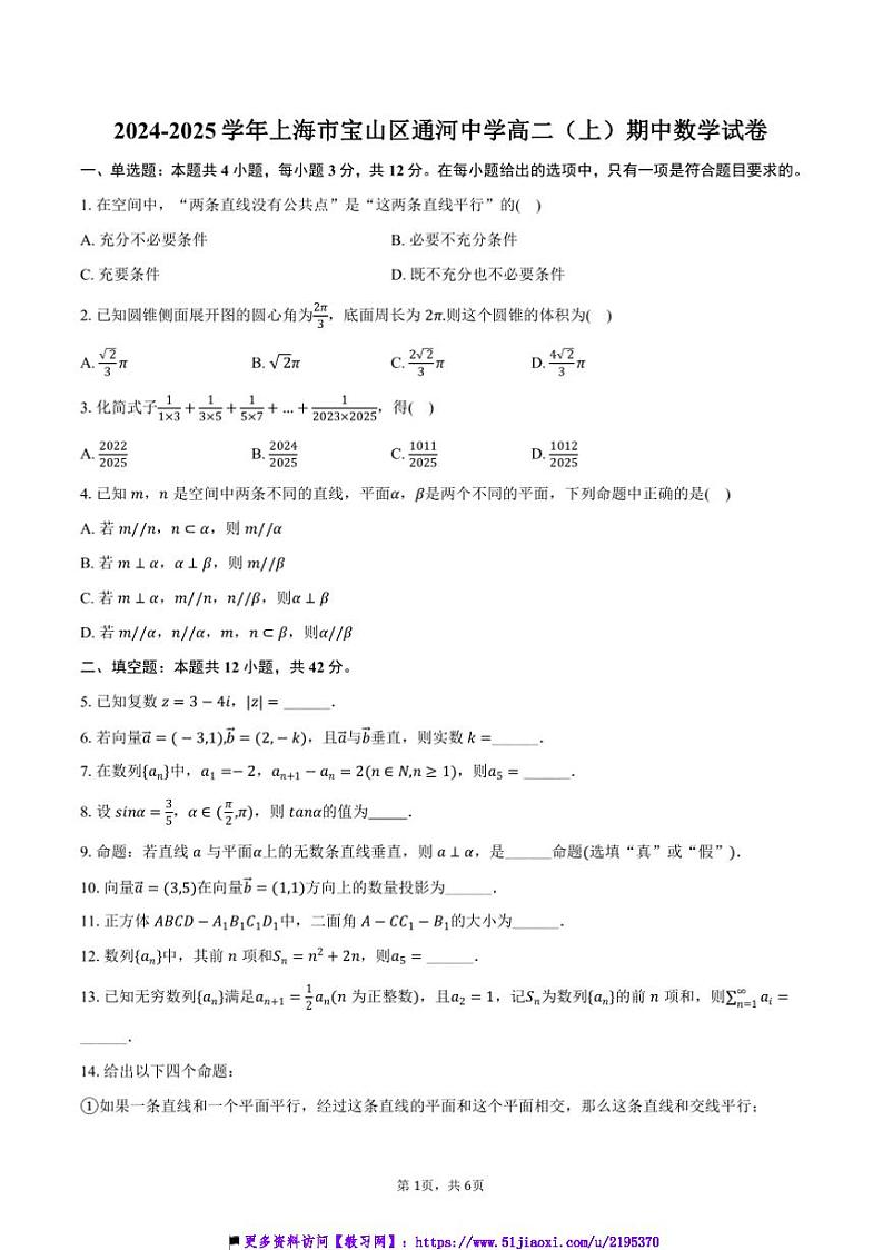 2024～2025学年海市宝山区通河中学高二上(上)期中数学试卷(含答案)第1页