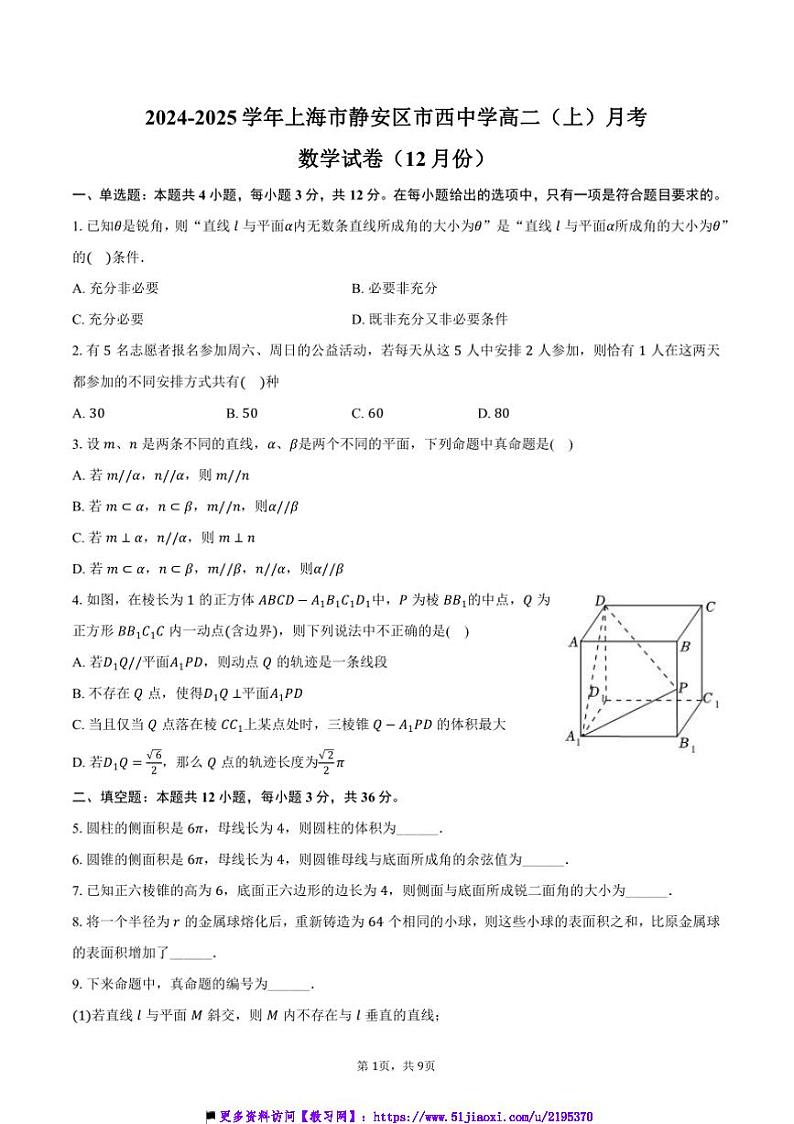 2024～2025学年海市静安区市西中学高二上(上)月考数学试卷(12月份)(含答案)第1页