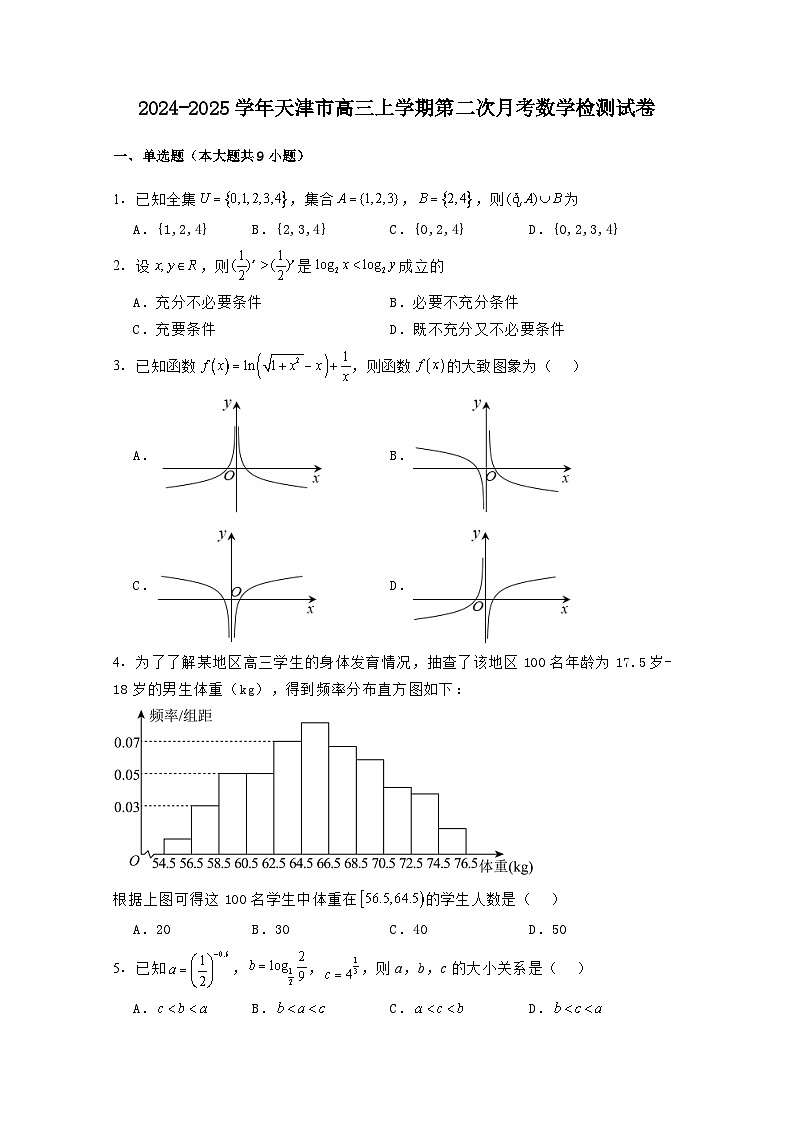 2024-2025学年天津市高三上学期第二次月考数学检测试卷（附解析）第1页