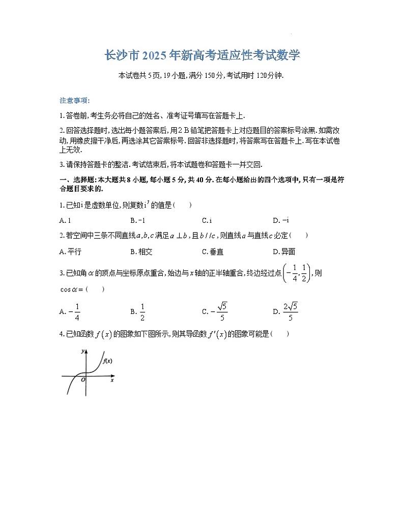 湖南省长沙市2024-2025学年高三上学期新高考适应性考试数学试题第1页