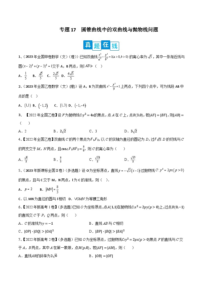 【高考数学】二轮优化提优专题训练：专题17  圆锥曲线中的双曲线与抛物线问题（原卷版）第1页
