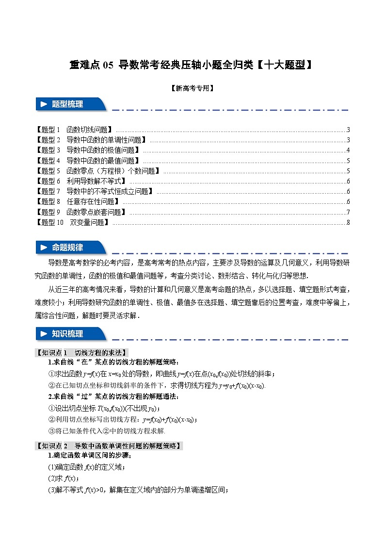 【高考数学】二轮复习举一反三专练：重难点05 导数常考经典压轴小题全归类【十大题型】（原卷版）第1页