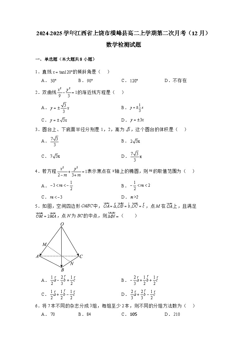 2024-2025学年江西省上饶市横峰县高二上册第二次月考（12月）数学检测试题（附解析）第1页