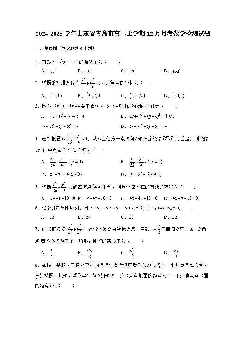 2024-2025学年山东省青岛市高二上册12月月考数学检测试题（附解析）第1页