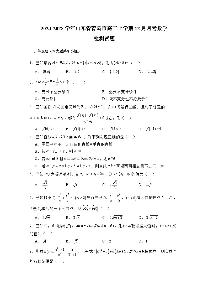 2024-2025学年山东省青岛市高三上册12月月考数学检测试题（附解析）第1页
