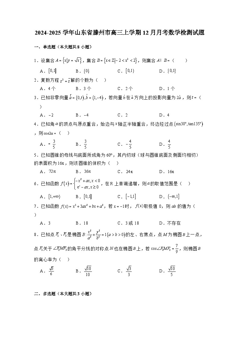 2024-2025学年山东省滕州市高三上册12月月考数学检测试题（附解析）第1页